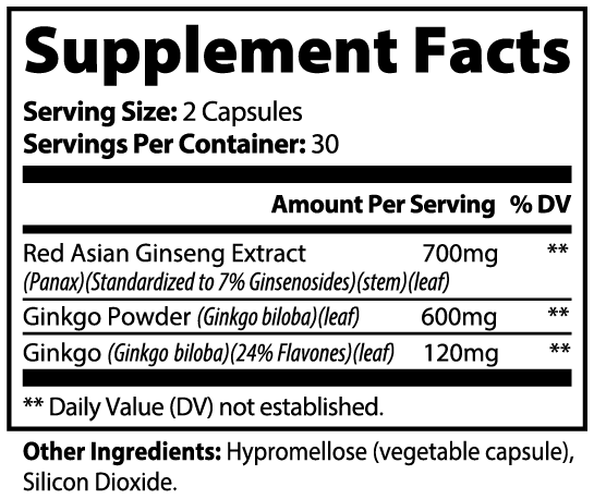 Ginkgo Biloba plus Ginseng capsules — ginkgo biloba and ginseng capsules for memory focus and circulation, bottle angle view