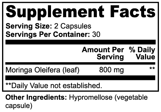 Moringa Pure capsules — moringa oleifera leaf powder capsules natural superfood, bottle angle view