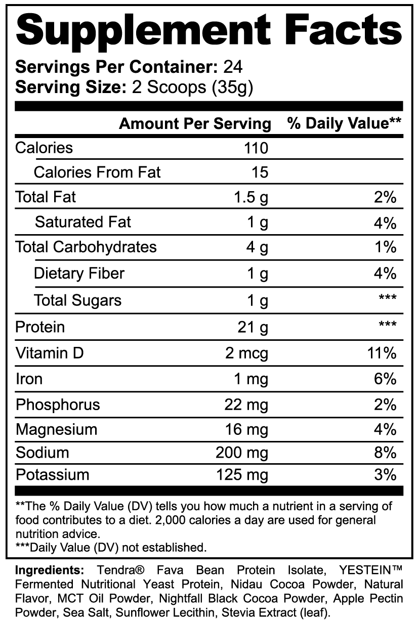 Plant Protein Chocolate plant-based protein powder — vegan chocolate plant protein powder, back label with supplement facts and ingredients