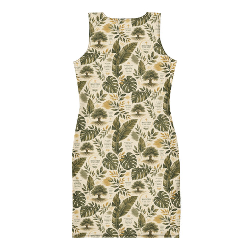 Bodycon Dress Rooted bodycon dress — bodycon dress olive rooted print women's fitted all-over print botanical, back view