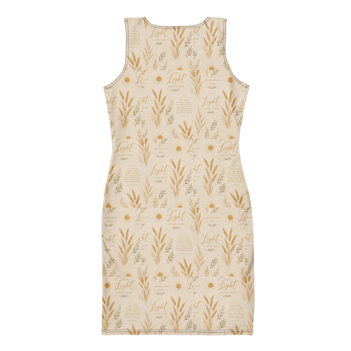 Bodycon Dress Light bodycon dress — bodycon dress golden wheat light print women's fitted all-over print, back view