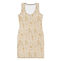 Bodycon Dress Light bodycon dress — bodycon dress golden wheat light print women's fitted all-over print, front view