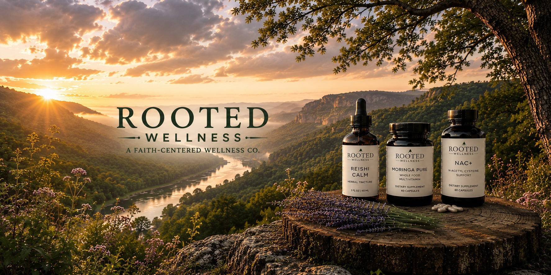 Rooted Wellness launch banner — natural supplements, clean skincare, and natural-fiber apparel for whole-person wellness rooted in Christ