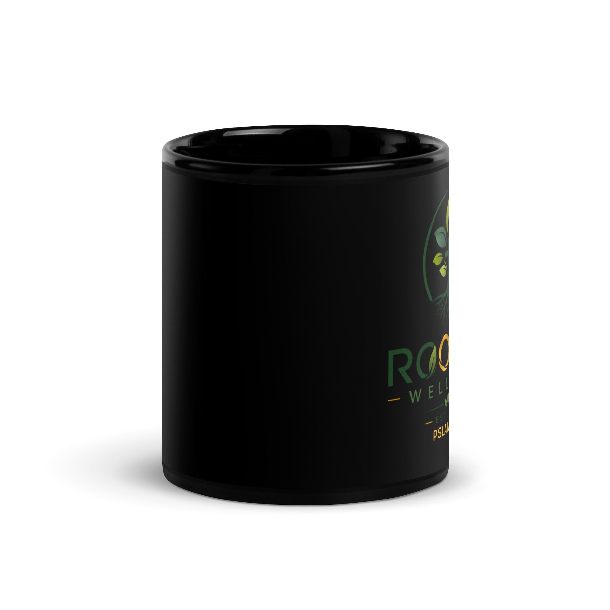 Black Glossy Mug ceramic mug — black glossy ceramic mug custom Rooted Wellness coffee mug, back label with ingredients