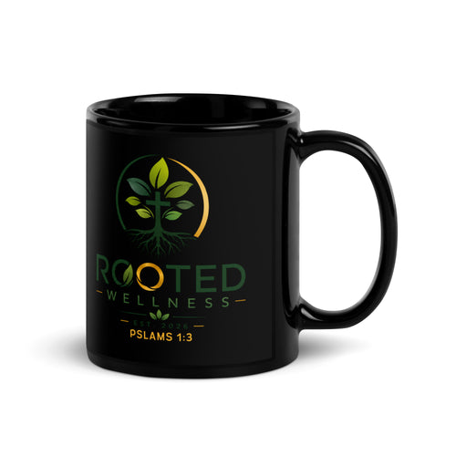 Black Glossy Mug ceramic mug — black glossy ceramic mug custom Rooted Wellness coffee mug, front of packaging label