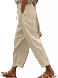 Casual Linen Drawstring Cropped Pants linen pants — casual linen drawstring cropped pants women's natural fiber breathable, front view