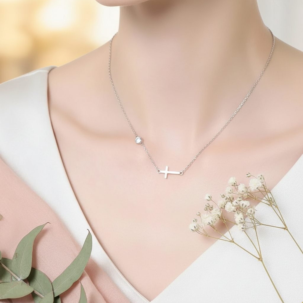 Cross Sterling Silver Moissanite Necklace Lifestyle Backdrop