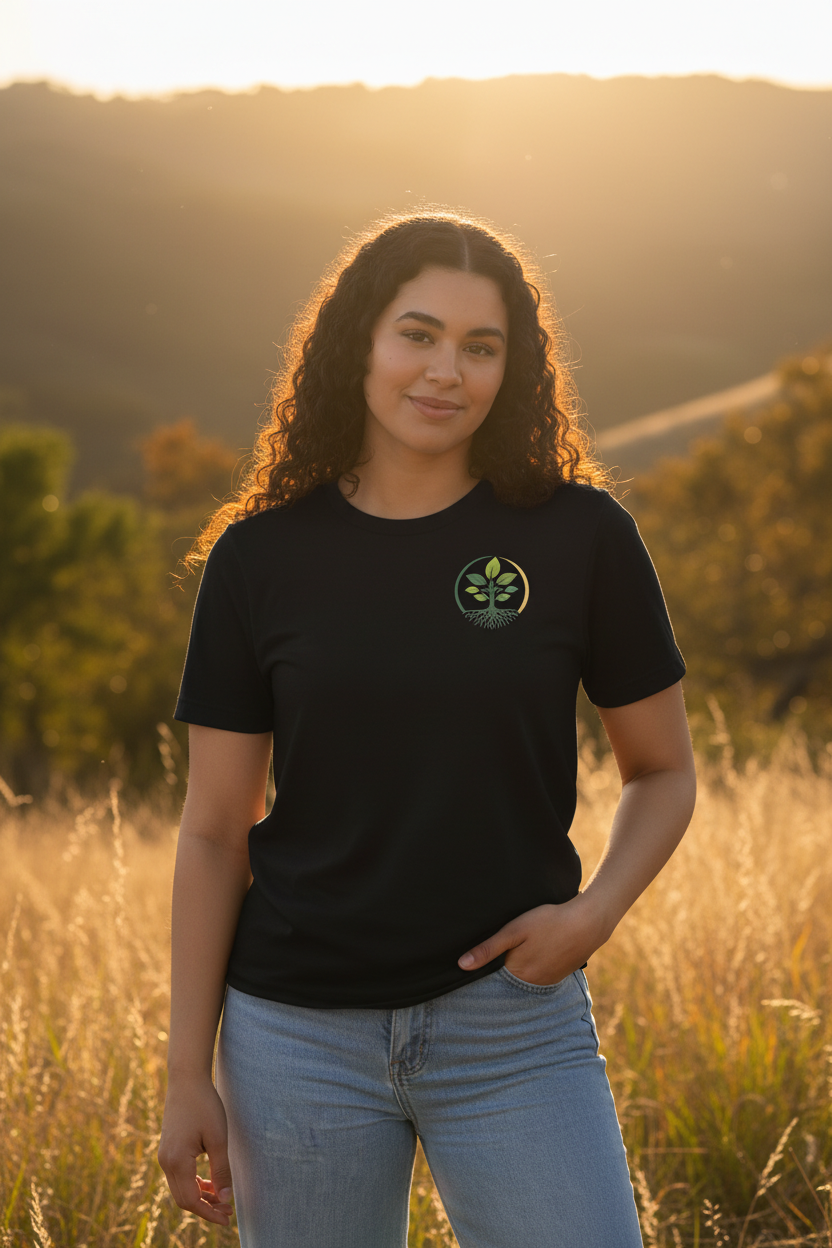 Woman wearing Rooted Wellness eco t-shirt outdoors in natural setting, golden hour light