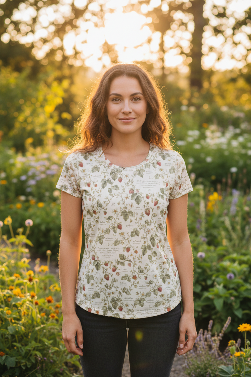 Woman wearing cream athletic t-shirt with vintage strawberry botanical and Fruits of the Spirit scripture print outdoors in garden, faith wellness aesthetic