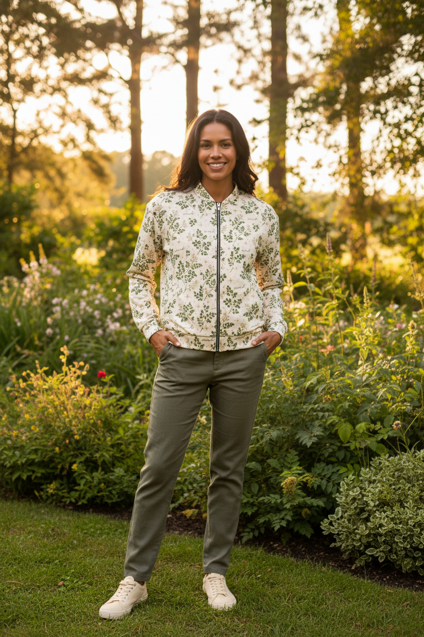Person wearing cream all-over moringa leaf and miracle script print bomber jacket outdoors in lush garden, wellness aesthetic