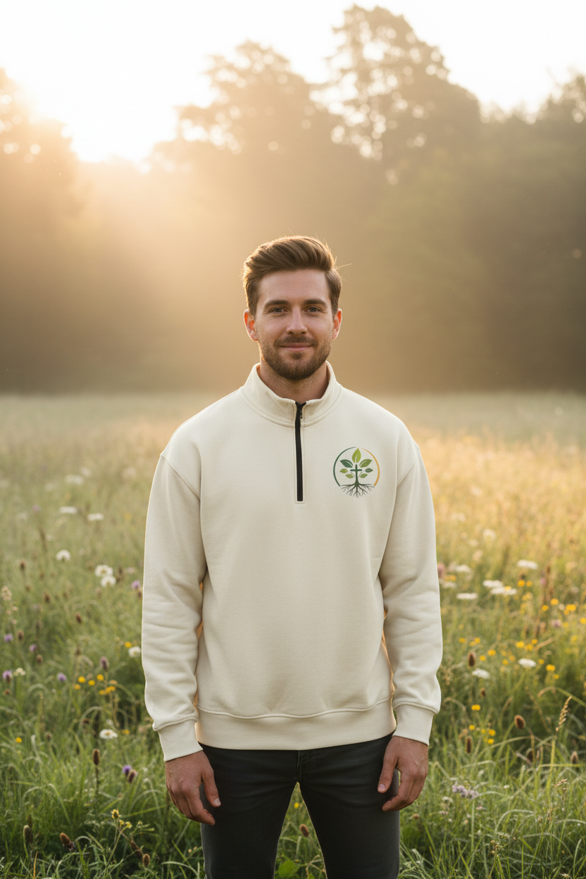 Man wearing cream quarter-zip sweatshirt with Rooted cross and roots logo outdoors, faith wellness aesthetic