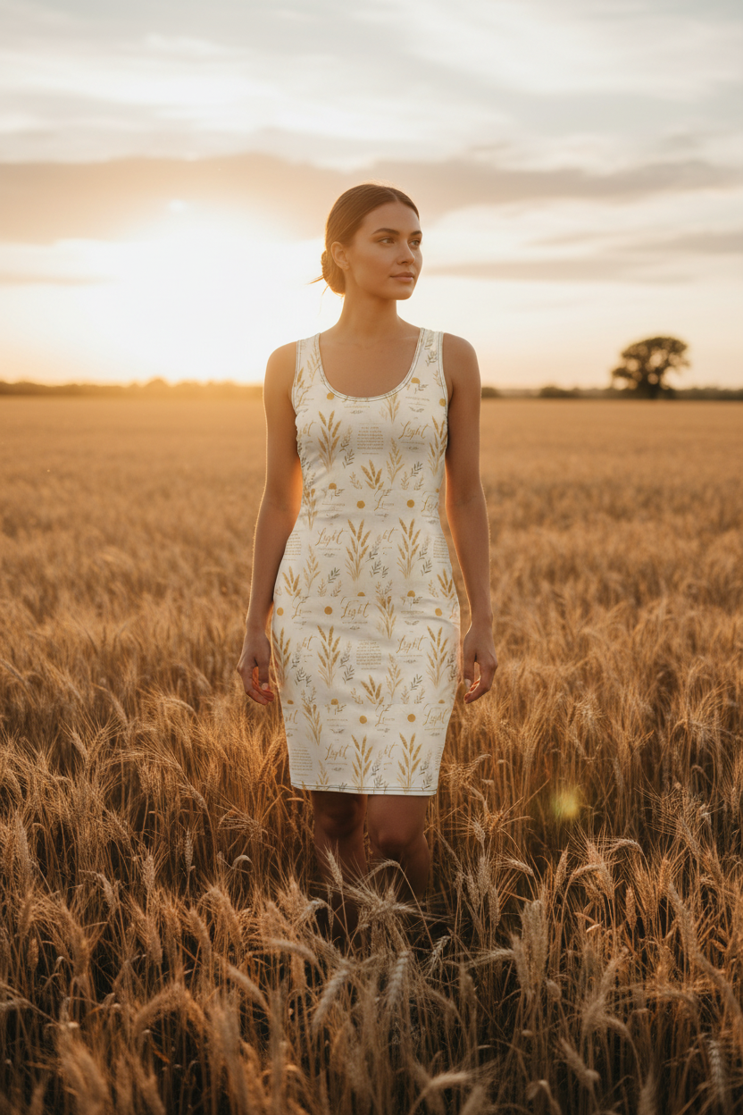 Woman wearing fitted bodycon dress with golden wheat and Light scripture print outdoors in wheat field at sunset, faith wellness aesthetic
