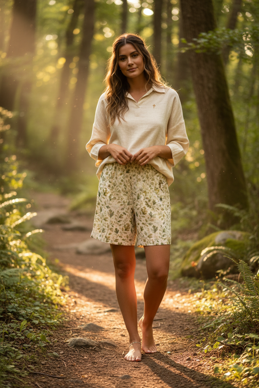 Person wearing cream long shorts with watercolor sassafras leaf botanical print in sage and olive green tones on forest trail, earthy wellness aesthetic