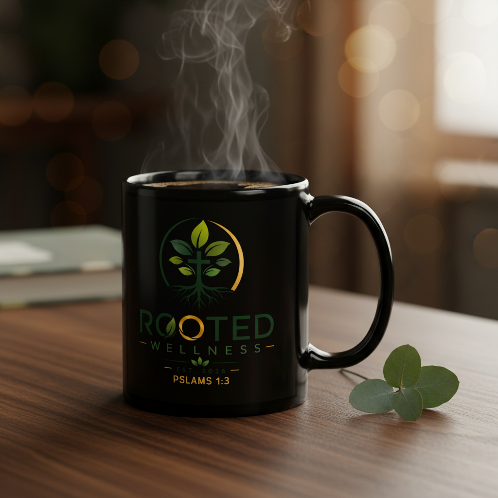 Rooted Wellness Black Glossy Mug lifestyle backdrop