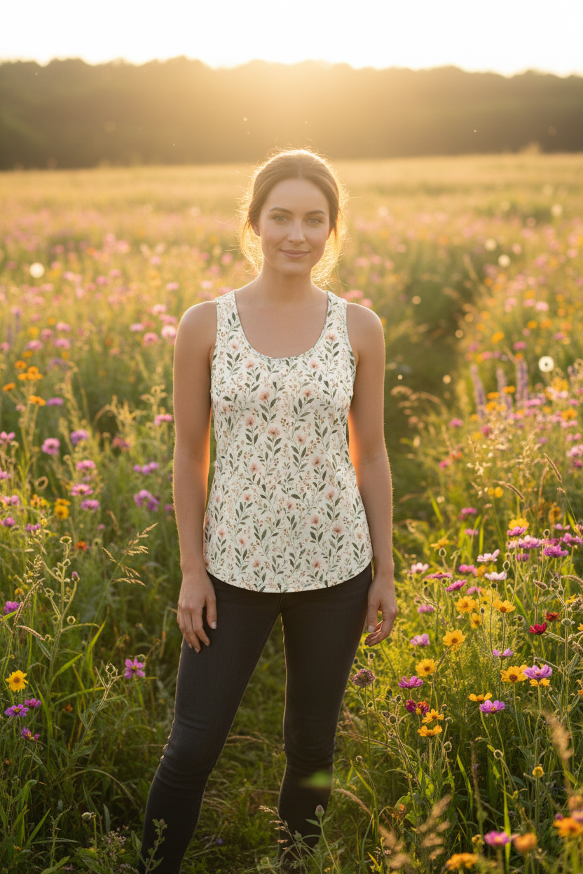 Woman wearing cream cosmos flower botanical vine print tank top in sunny wildflower meadow, feminine wellness aesthetic