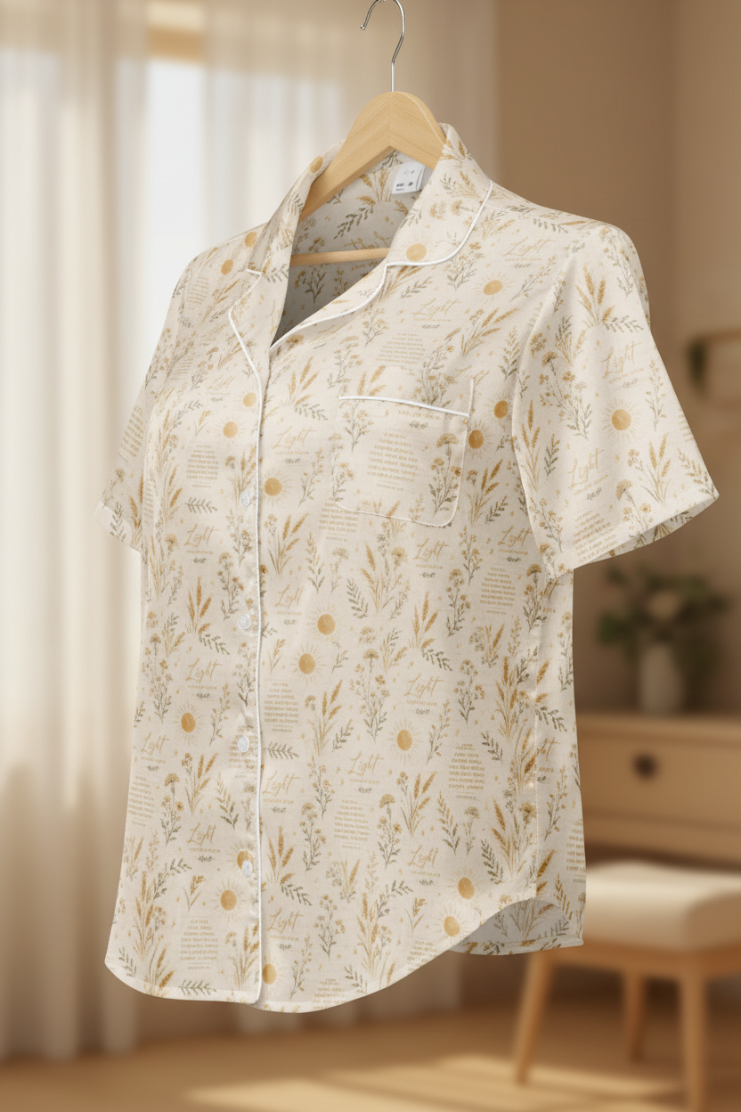 All-over print women's short sleeve pajama top on wooden hanger lifestyle backdrop
