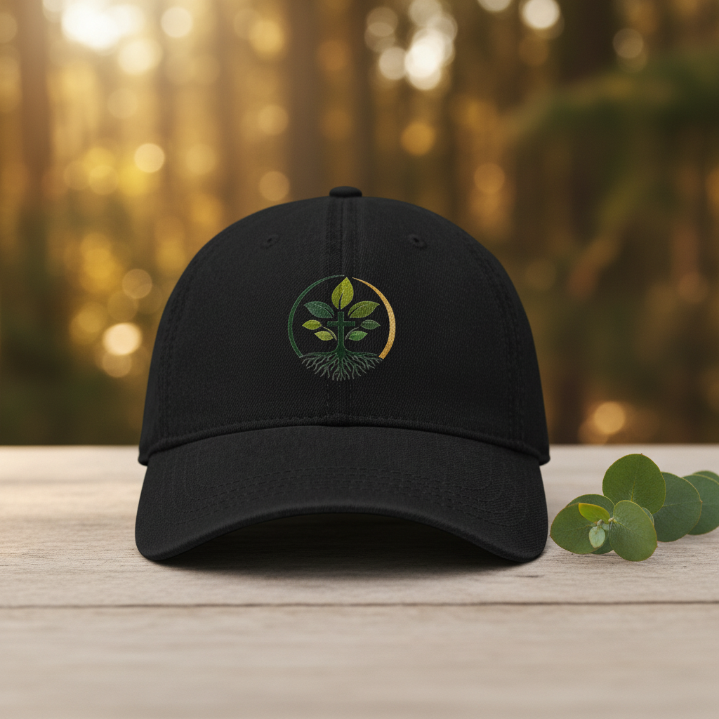 Rooted Wellness Denim Hat lifestyle backdrop