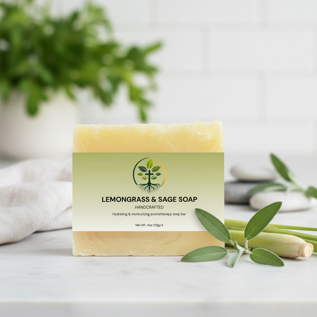 Lemongrass & Sage Soap lifestyle backdrop with sage sprigs and lemongrass