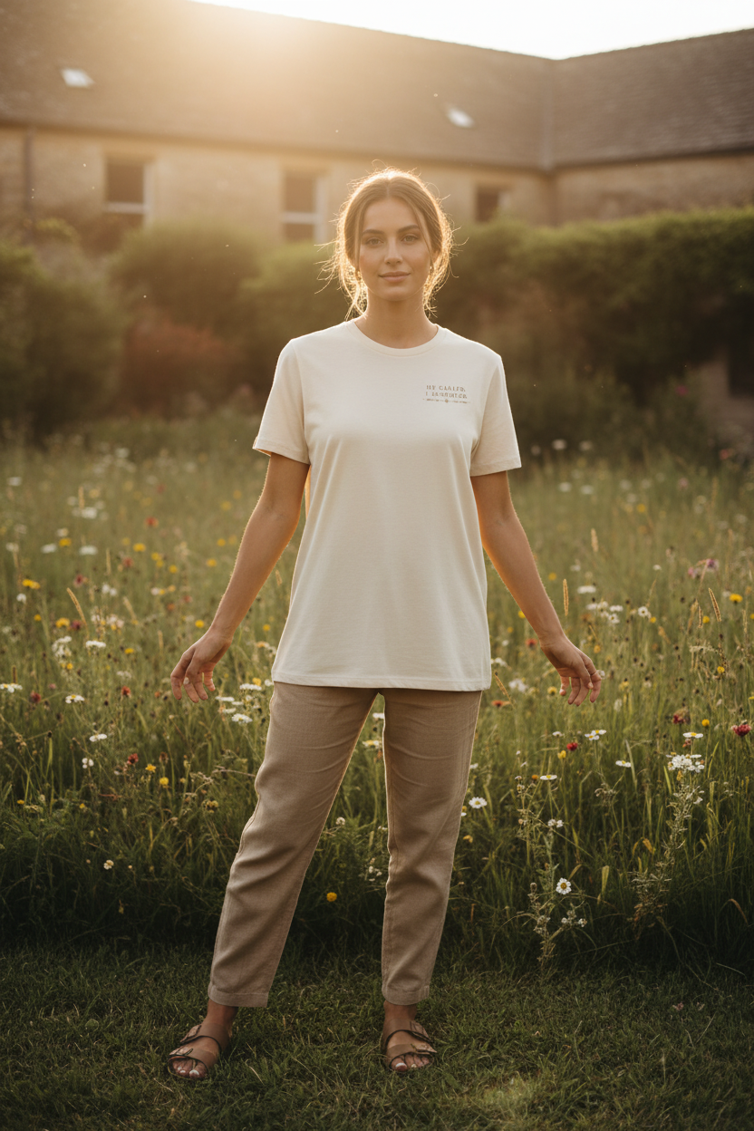 Woman wearing natural cream organic t-shirt with He Called I Answered serif text and floral emblem outdoors in peaceful field, faith wellness aesthetic