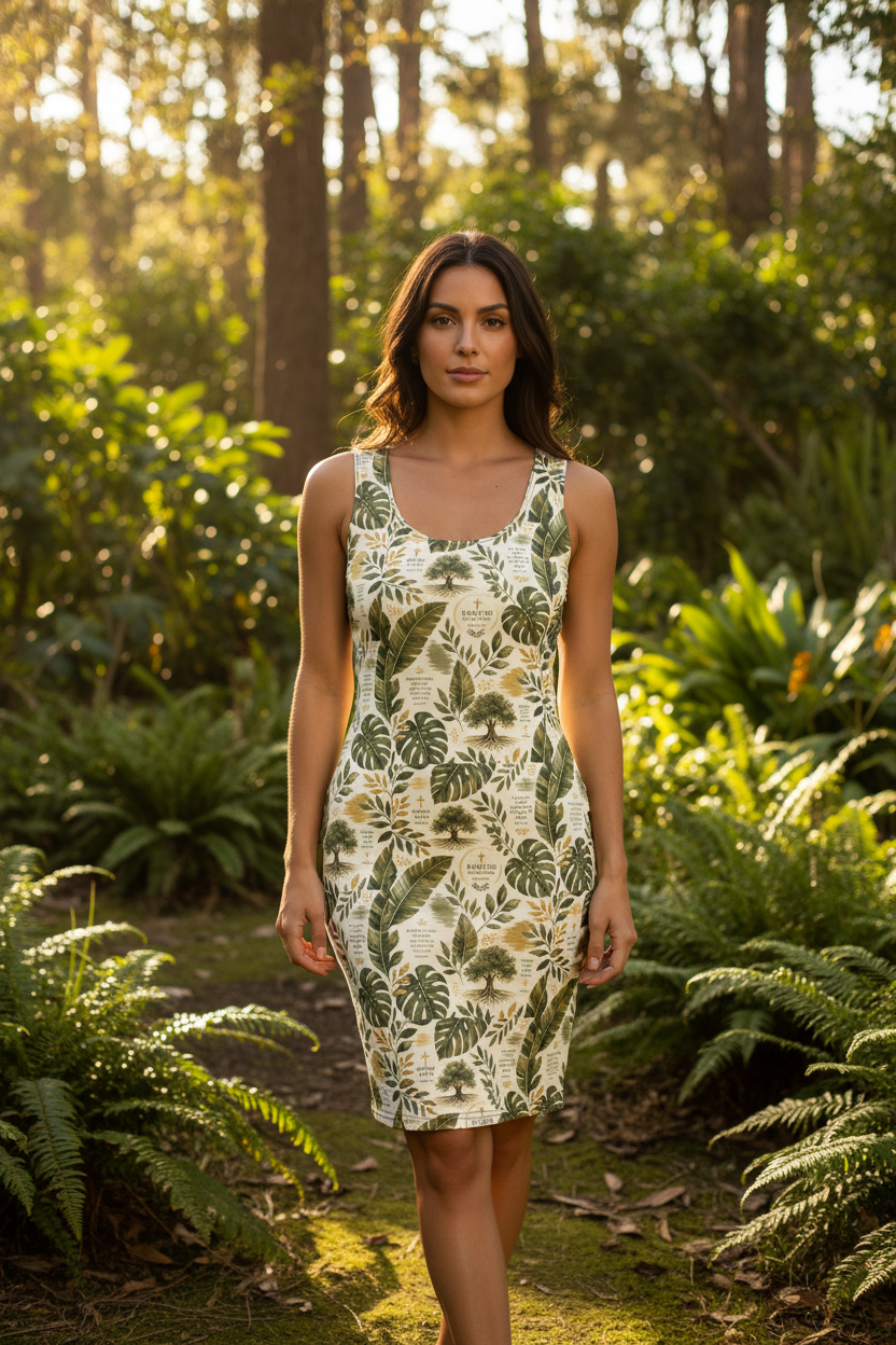Woman wearing fitted bodycon dress with lush green botanical leaves and Rooted in His Word scripture print outdoors in forest setting, faith wellness aesthetic