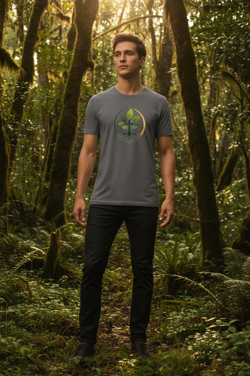 Person wearing slate grey organic t-shirt with green rooted cross botanical emblem outdoors in lush nature setting, faith wellness aesthetic