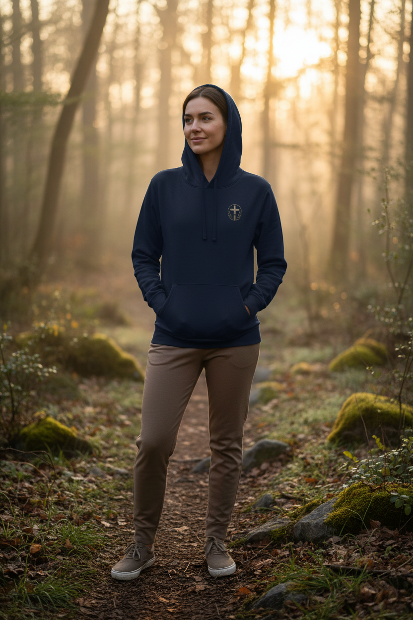 Person wearing navy organic mid-weight hoodie with olive cross and laurel wreath emblem outdoors in cool morning setting, faith wellness aesthetic