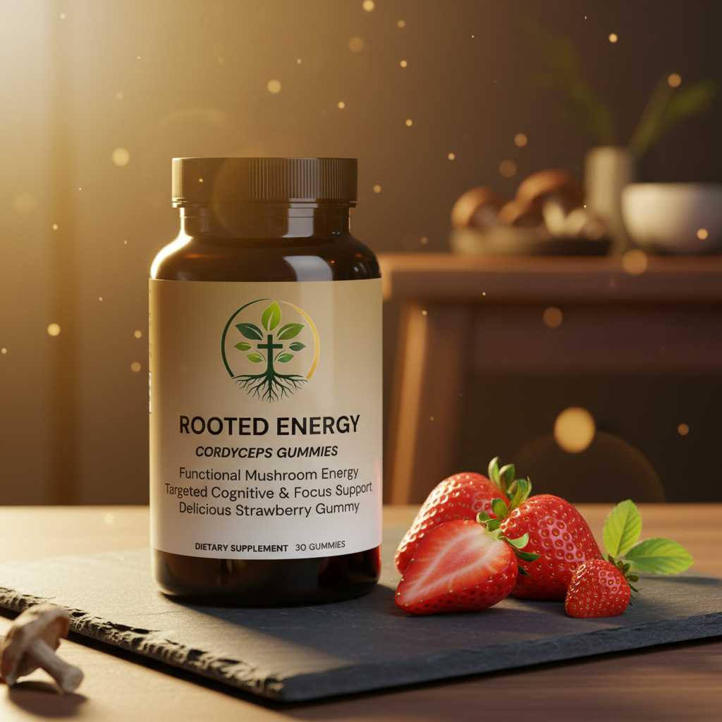Rooted Energy Cordyceps Gummies lifestyle backdrop