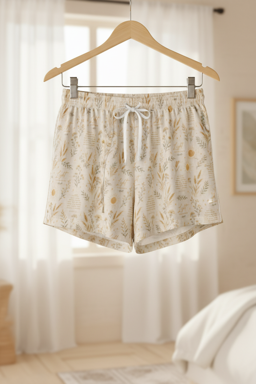 Women's pajama shorts on hanger lifestyle backdrop