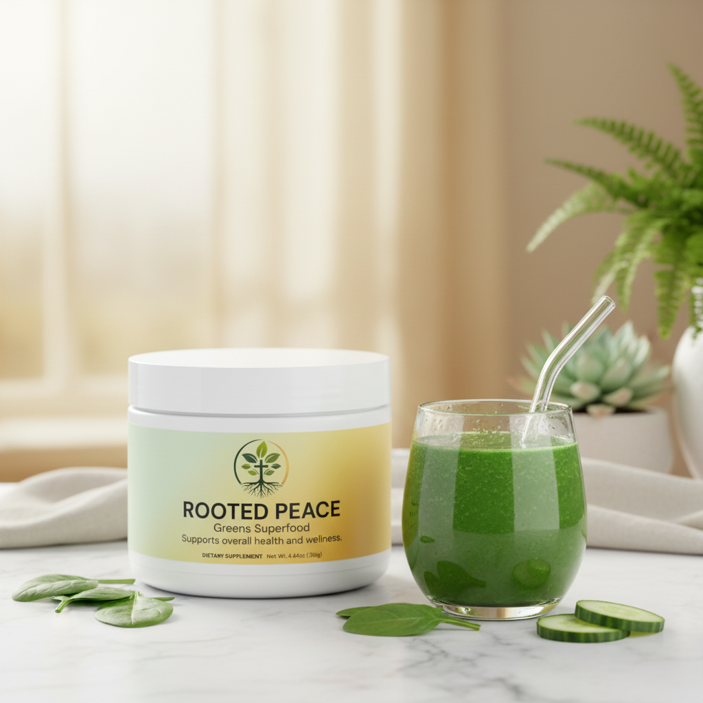Rooted Peace Greens Superfood lifestyle backdrop