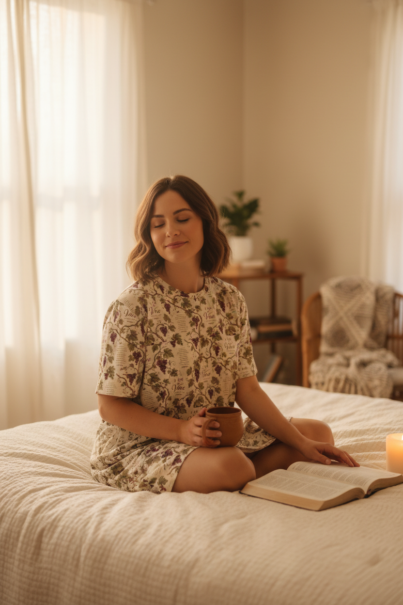 Woman wearing cream t-shirt dress with all-over I Am the Vine grapevine scripture print in cozy morning setting, faith wellness aesthetic