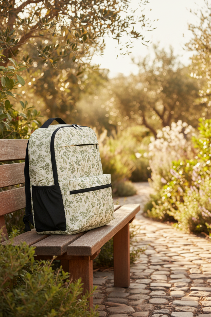 Olive Grove Utility backpack lifestyle backdrop