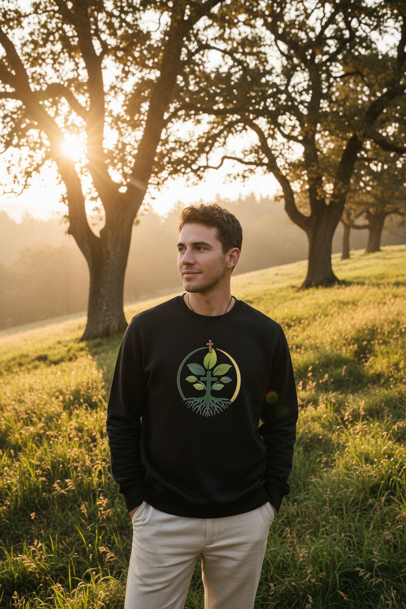 Person wearing Rooted Wellness organic sweatshirt outdoors in natural setting, faith and wellness aesthetic