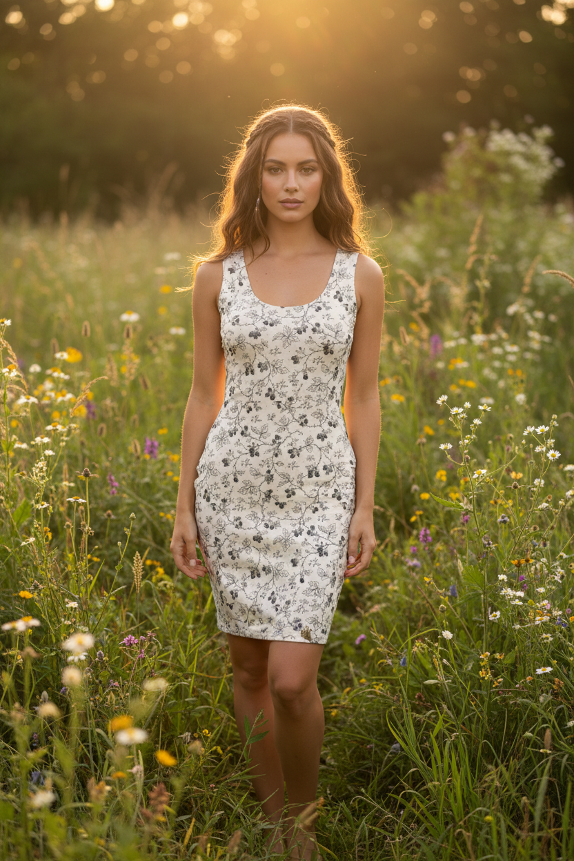 Woman wearing cream bodycon dress with blackberry vine botanical print outdoors, wild and free wellness aesthetic
