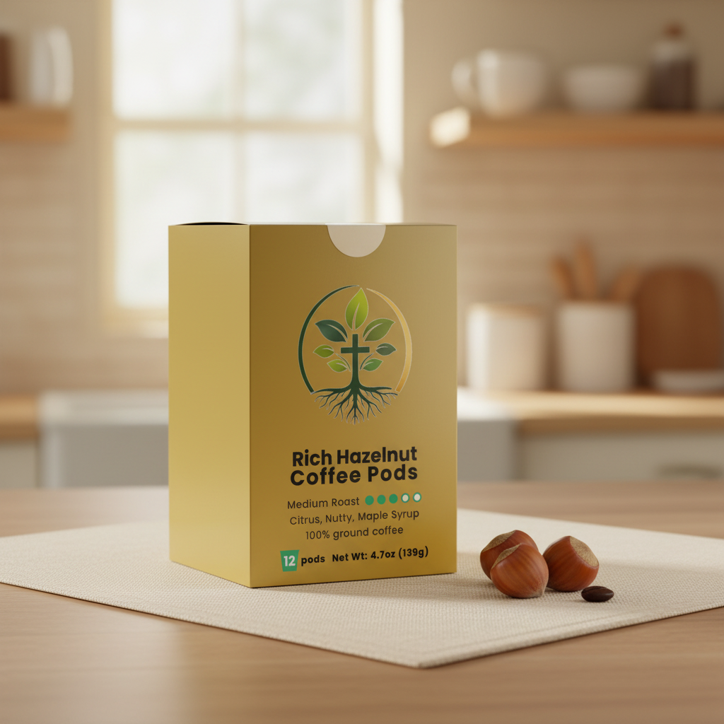 Rich Hazelnut Coffee Pods Medium Roast lifestyle backdrop
