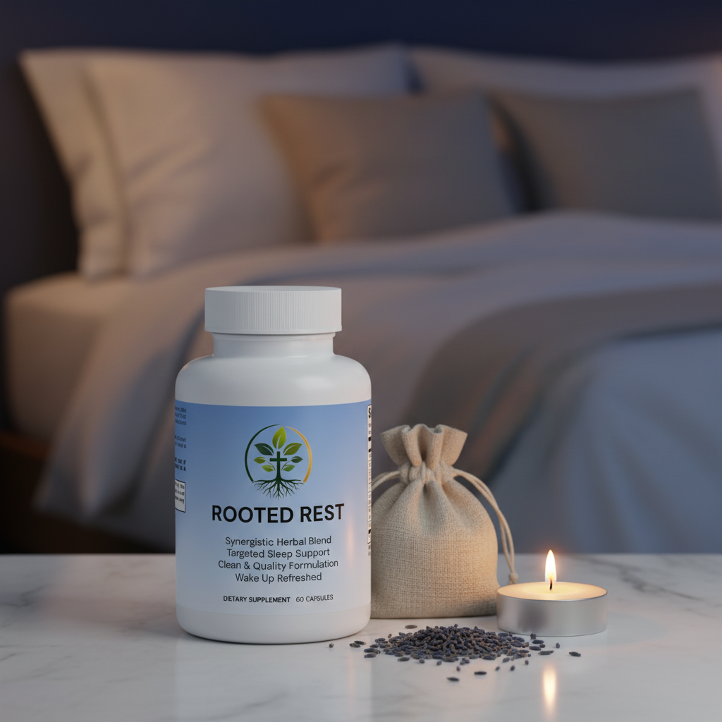 Rooted Rest herbal sleep formula lifestyle backdrop