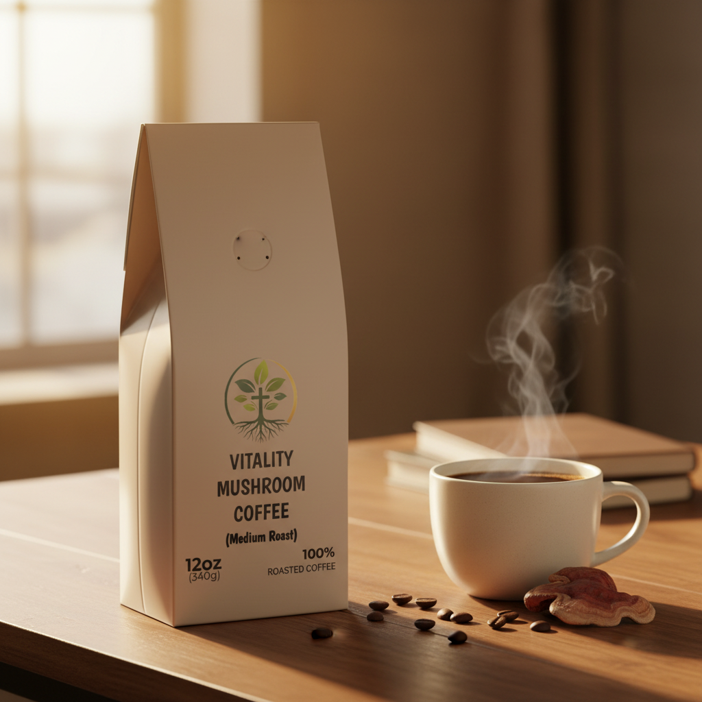 Vitality Mushroom Coffee lifestyle backdrop