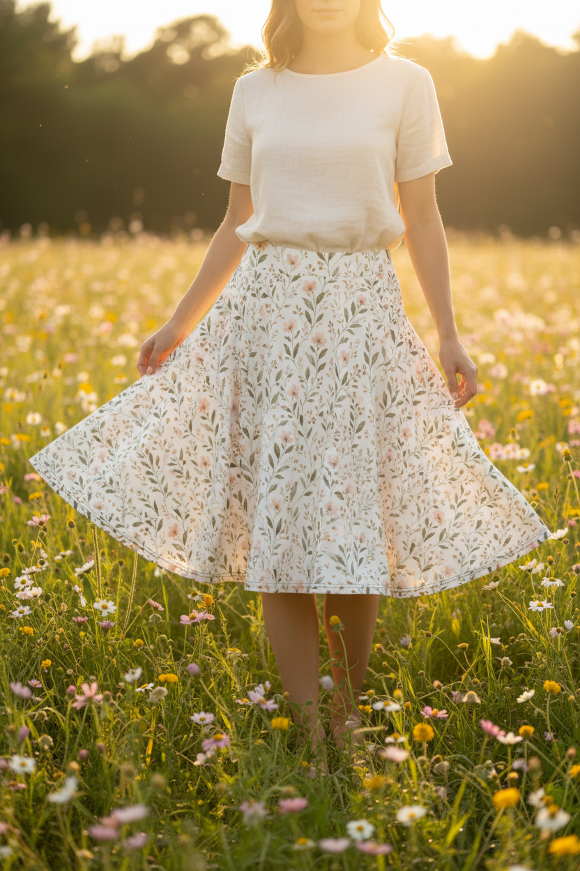 Woman wearing cream flowy midi skirt with cosmos flower and botanical vine print in blush pink and sage green in sunny wildflower meadow, feminine wellness aesthetic