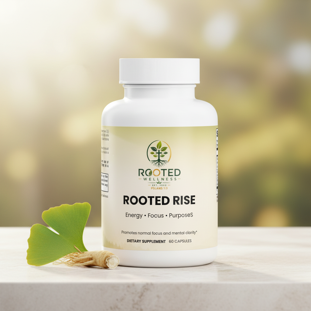 Rooted Rise Ginkgo Biloba + Ginseng lifestyle backdrop