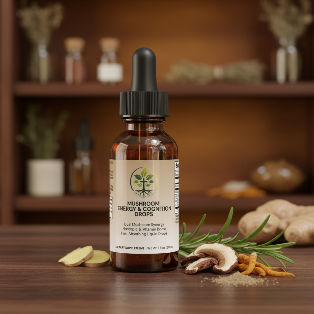 Mushroom Energy & Cognition Drops lifestyle backdrop