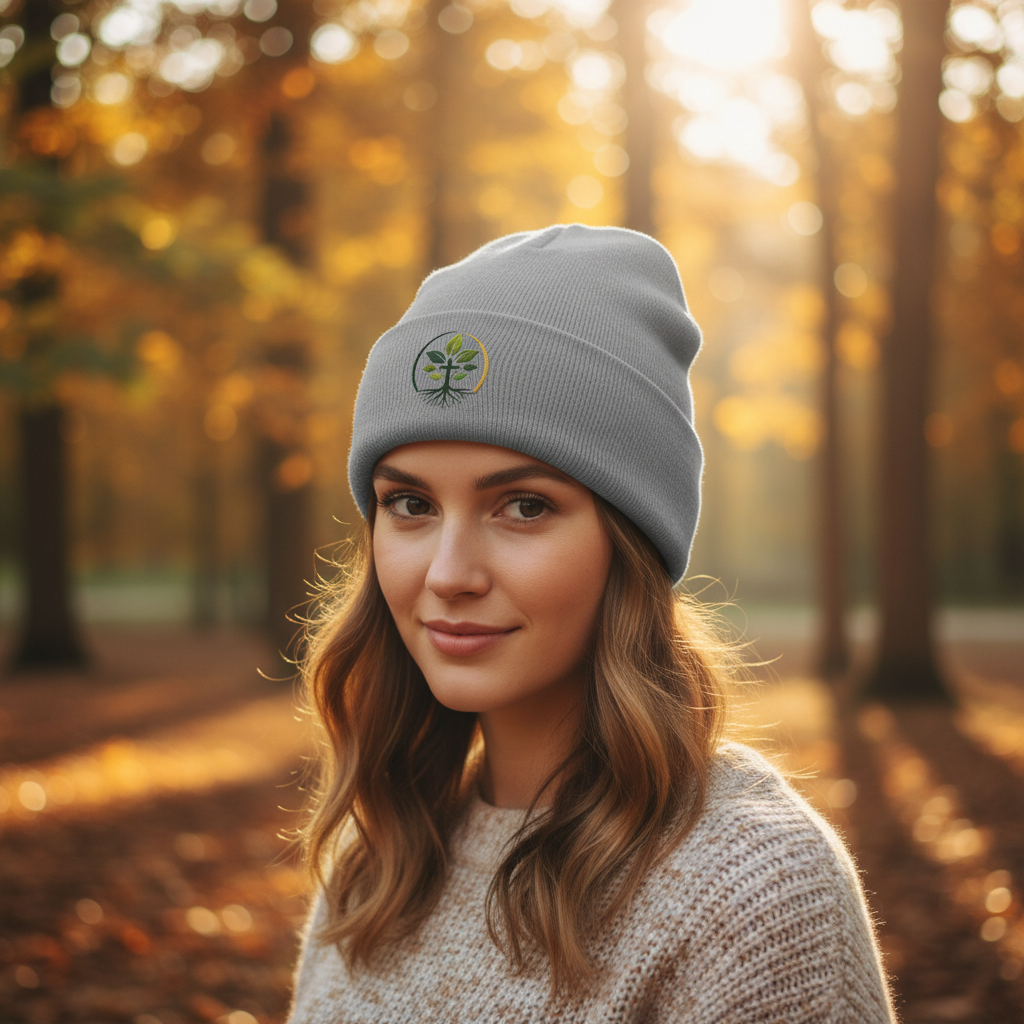 Gray embroidered beanie worn lifestyle