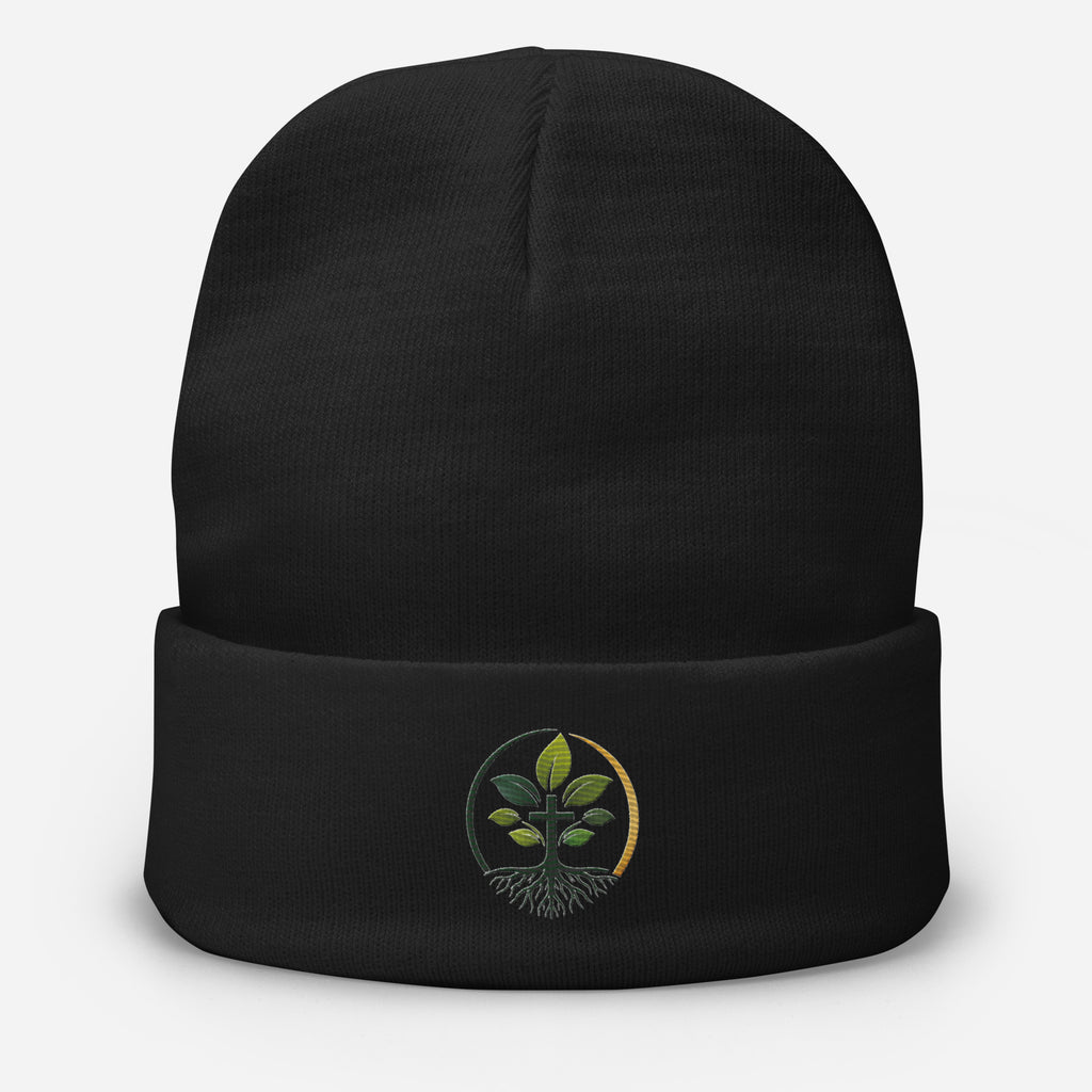 Embroidered Beanie beanie — embroidered beanie knit hat custom natural fiber apparel, back view