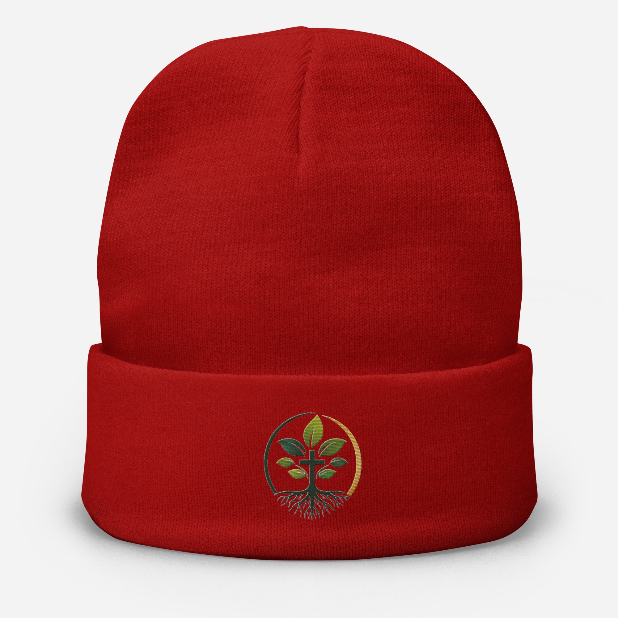 Embroidered Beanie beanie — embroidered beanie knit hat custom natural fiber apparel, front view